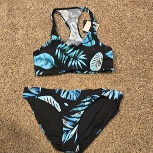 Senita Athletics Blue Leaf Print Bikini.  XL Top- L Bottom